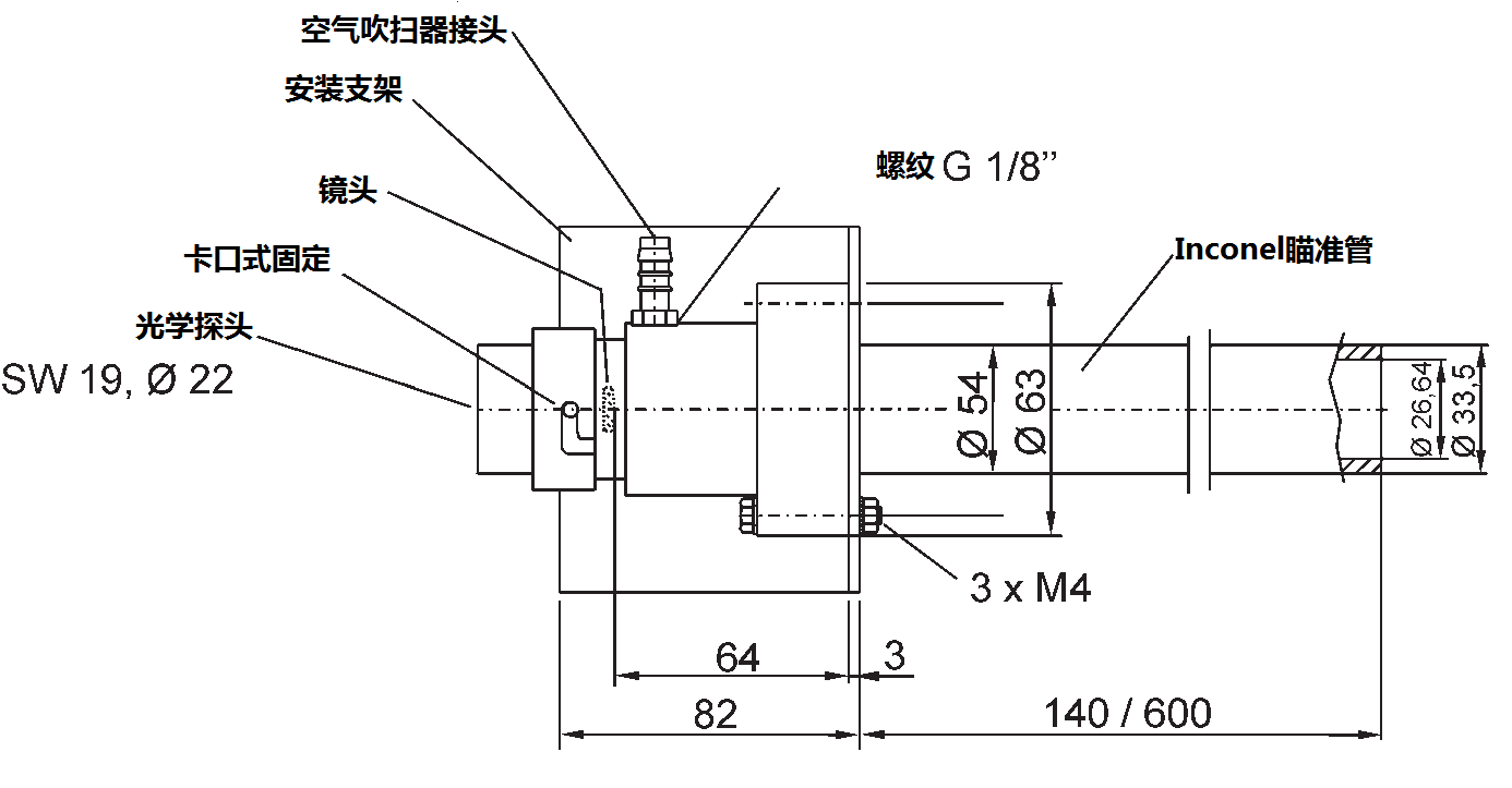 德國(guó)DIAS紅外公司,DSF30NG,DSF34NG紅外測(cè)溫儀用空氣吹掃器、安裝支架、Inconel瞄準(zhǔn)管尺寸圖